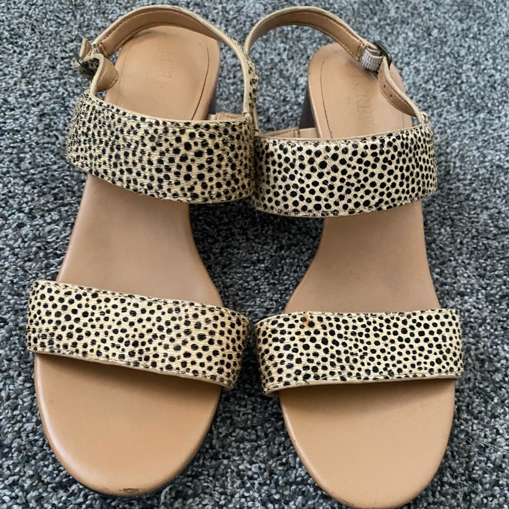 JCrew leapard fur block bell sandle. So very comfortable for long day use